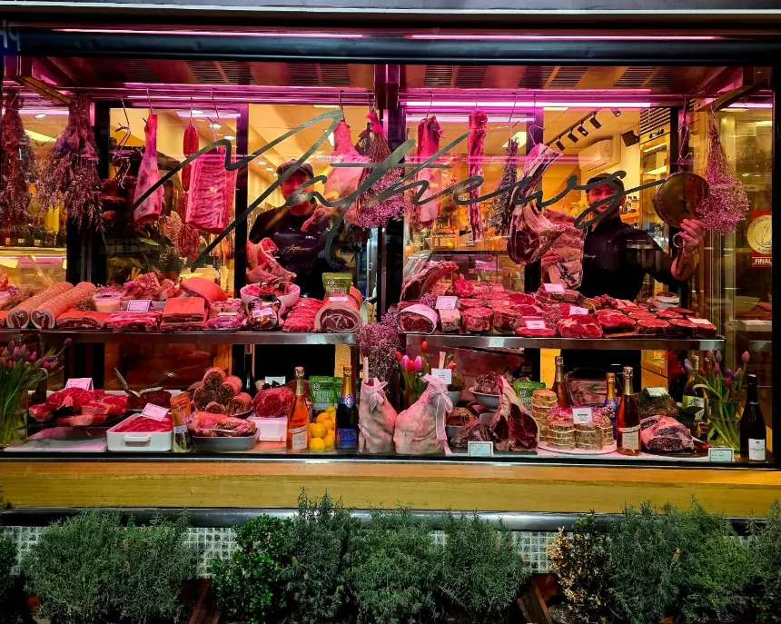The front cabinet at Mathews Artisan Butchers, lined with house-made pork, ham and cured smallgoods